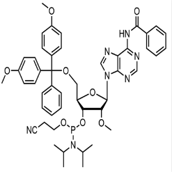 (2R,3R,4R,5R)-5-(6-苯甲酰胺基-9H-嘌呤-9-基)-2-((双(4-甲氧基苯基)(苯基)甲氧基)甲基)-4-甲氧基四氢呋喃-3-基 (2-氰基乙基)二异丙基亚磷酰胺-CAS:110782-31-5